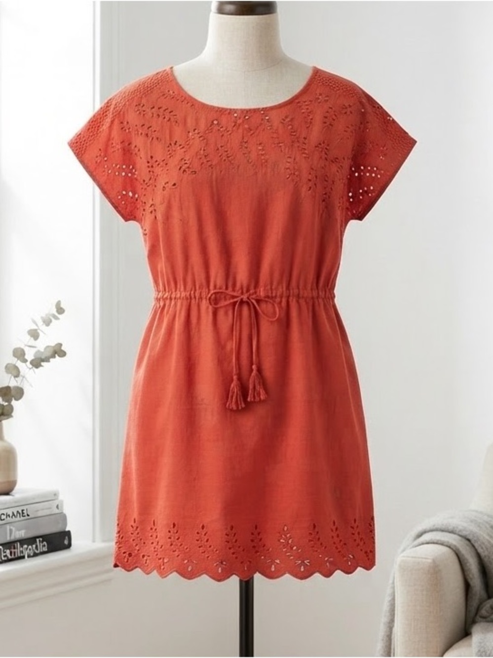 Madewell Rust Orange Eyelet Tie-Waist Mini Dress